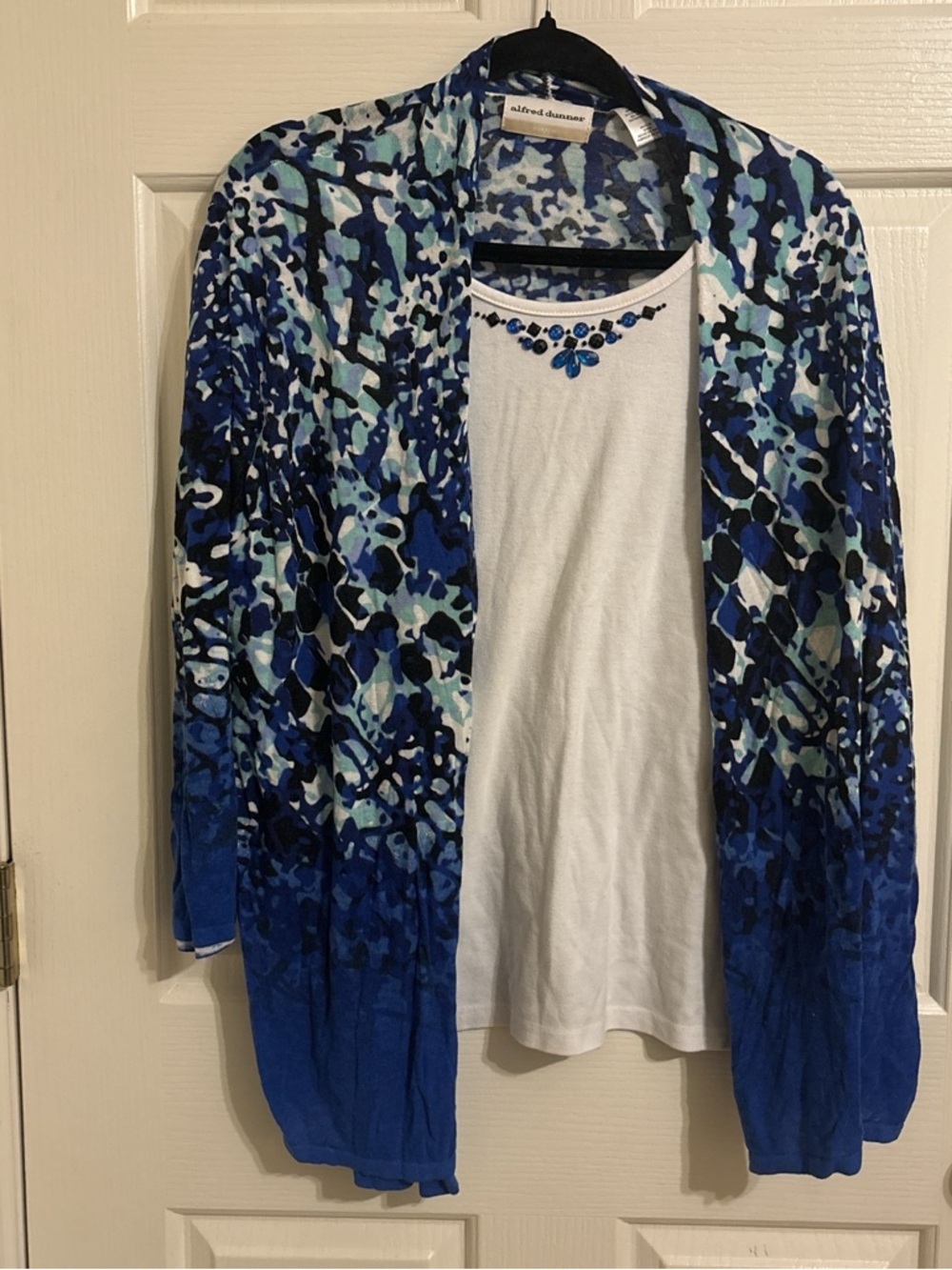 Alfred Dunner Blue Multi-Print Open Front Cardigan with under shirt
